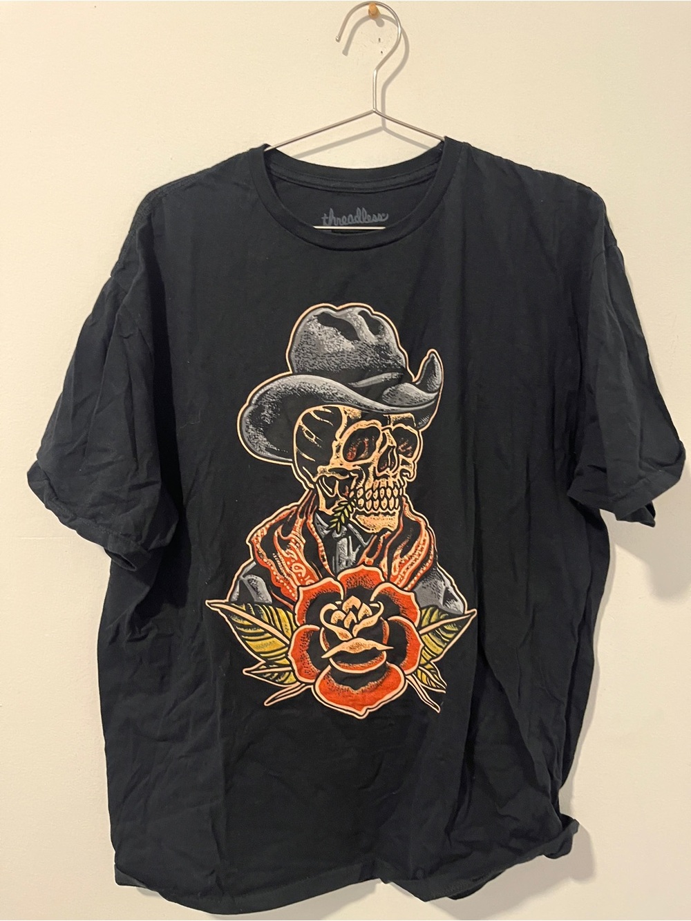 Threadless Black Tee with Orange Rose & Cowboy Skull Graphic